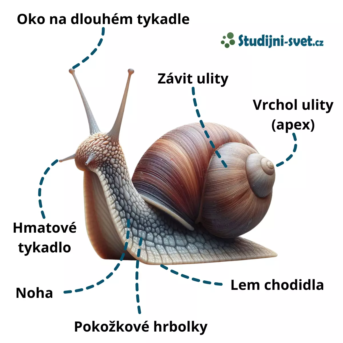 Hlemýžď a jeho stavba těla s popisky